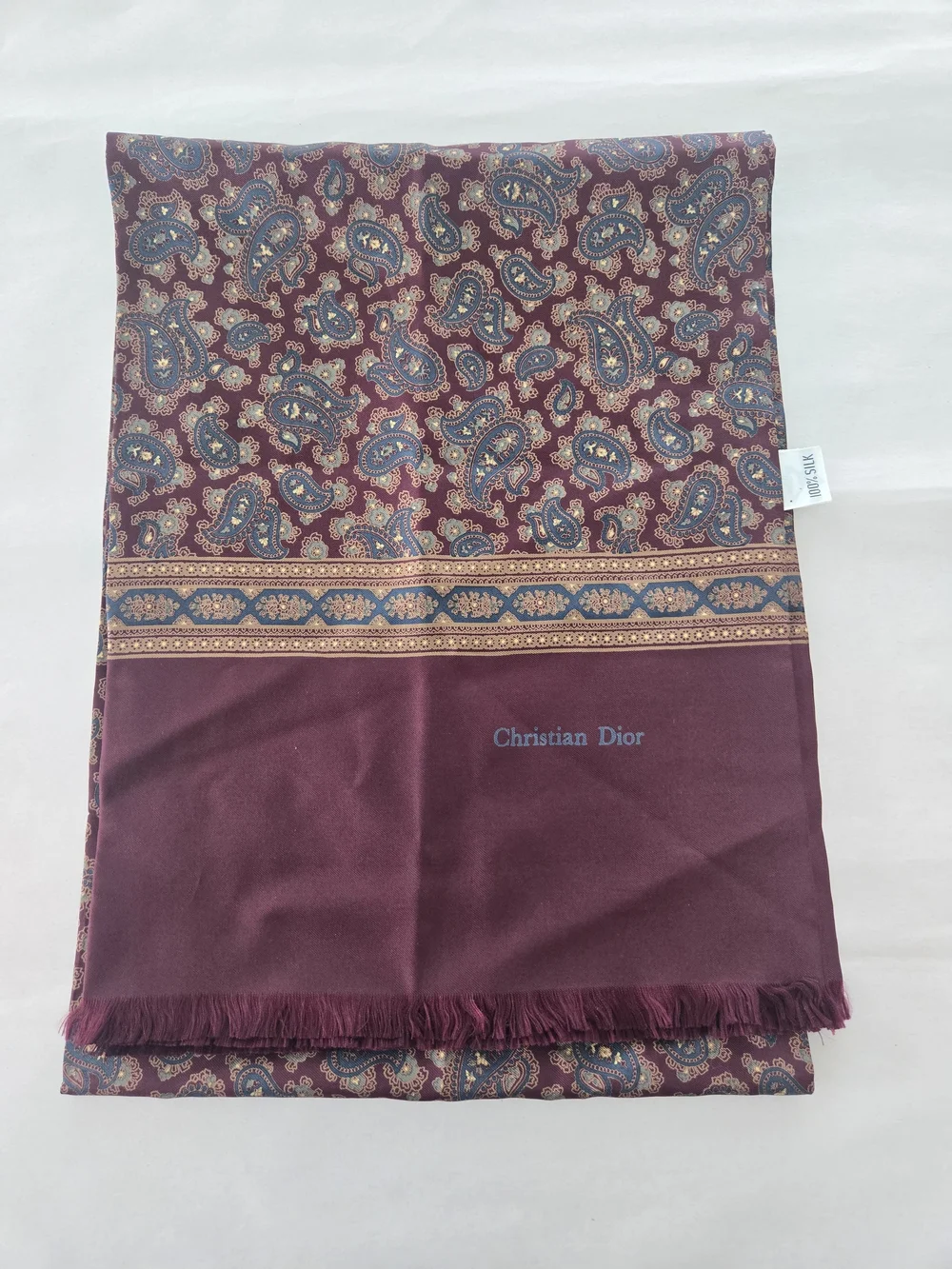Christian Dior Satin Silk Burgundy Paisley Rectangle Scarf w/ Fringe Logo